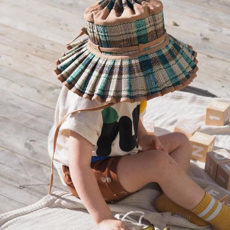 Parent-child Foldable Straw Hat Ins Hot Hand-woven Panama Straw Hat Personality Plaid Bow Decoration Sunscreen Children Sun Hat