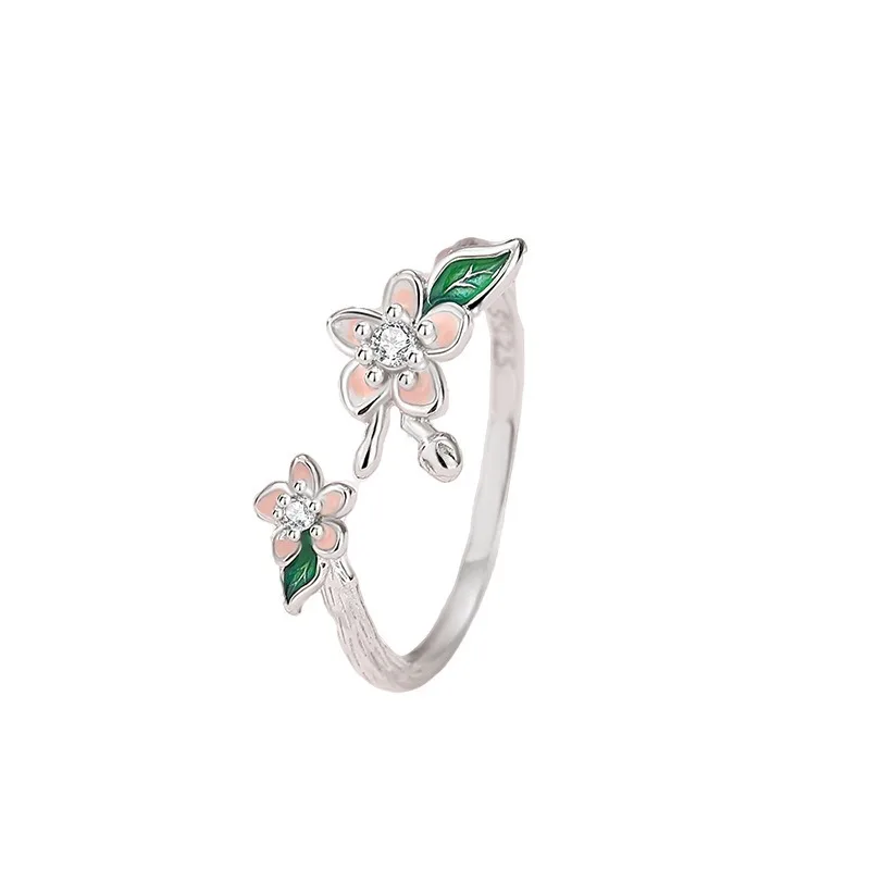 

TIMESWIND Sweet Pink Peach Blossom Leaf S925 Silver Men Women Open Ring for Couple with Certificate