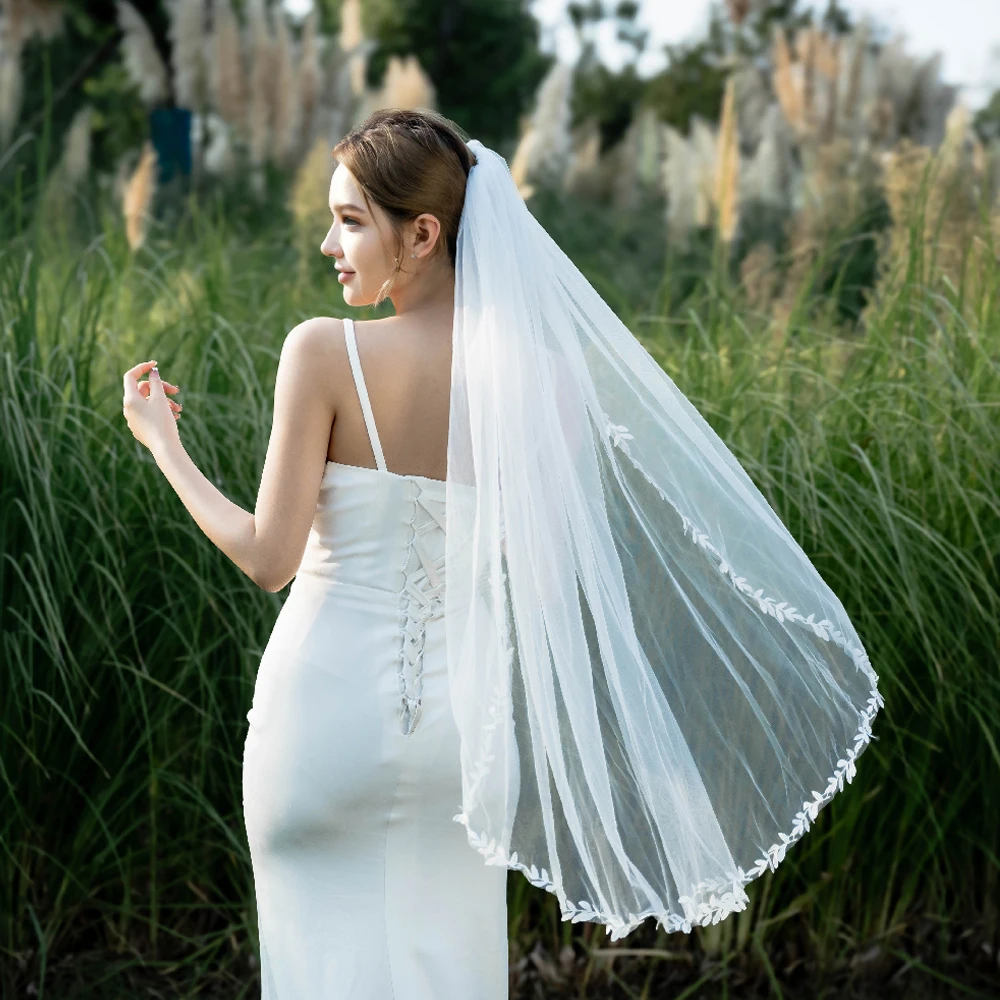 

Short waist-hip bridal veil with comb,delicate leaf lace veil, perfect for wedding, bridesmaid and bridal party accessories VP15