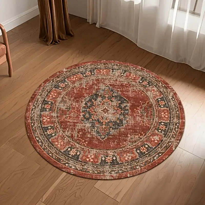 1PC Vintage Ethnic Round Floor Mat Suitable for Bathroom  Bedroom - Soft Absorbent Flannel with Distressed Border Design, Thick Suitable for Living Room, Symmetrical Pattern for Home Decor