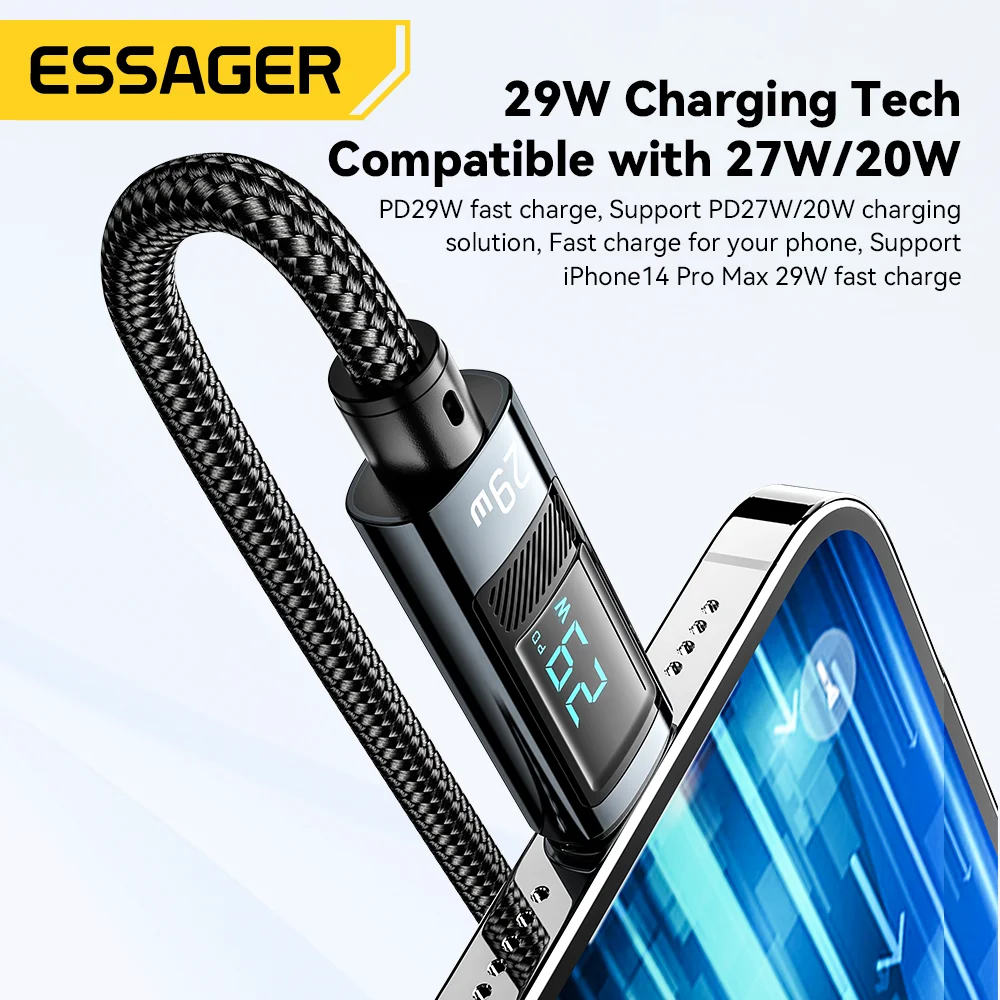 Essager PD 29W USB Type C Cable For iPhone 14 13 12 Pro Max Fast Charge Charger For MacBook IPad Lightning Digital Display Cable