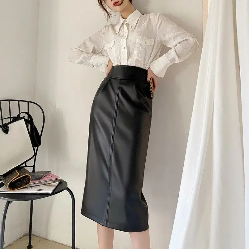 

Women Pu Leather Skirt Autumn Winter 2024 New High Waist Slit Design Bodyhip High Waist Jupe Midi Design Streetwear Skirts Women