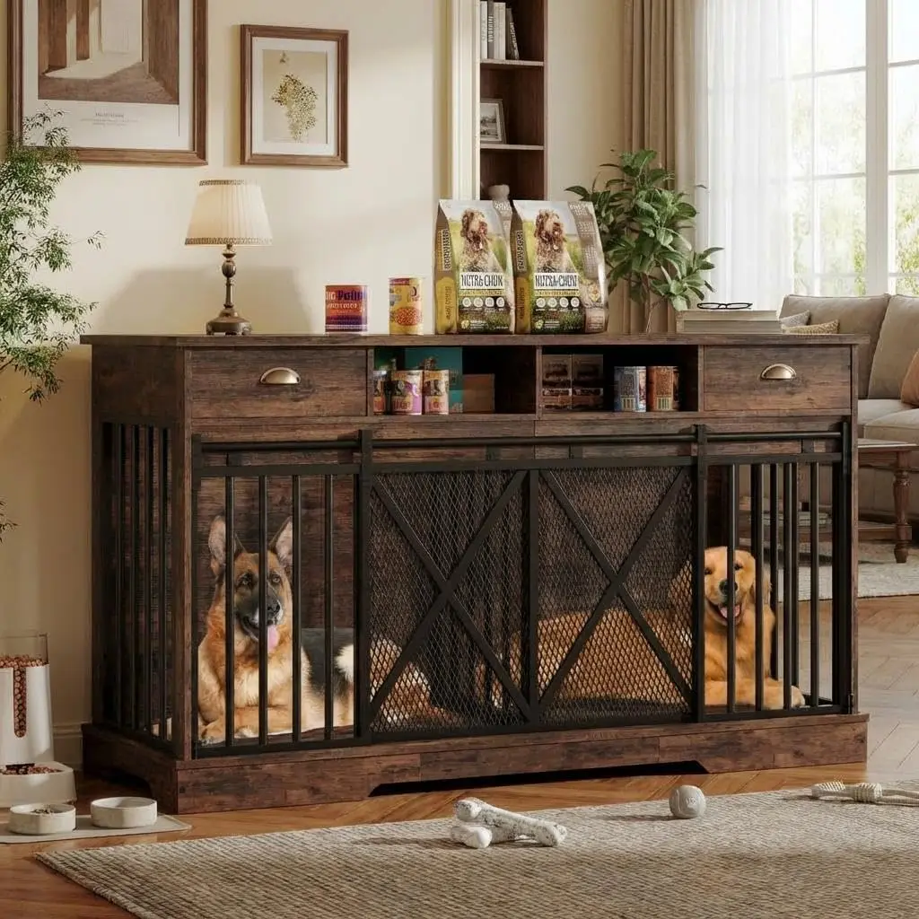 

3-in-1 Wooden Dog Kennel with Sliding Door, Storage Drawer & Metal Mesh, Fits 2 Dogs, Heavy Duty 500lbs
