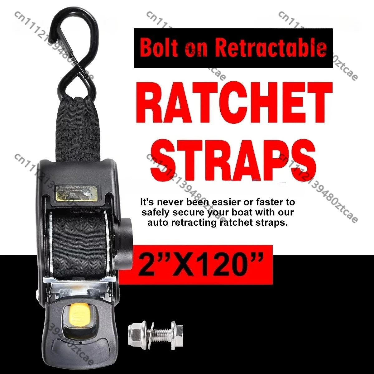 

Heavy Duty Retractable Boat Transom Tie Down Straps 50mm×3 1500kg Bolt-on Installation Marine Transom Trailer Securing Strap