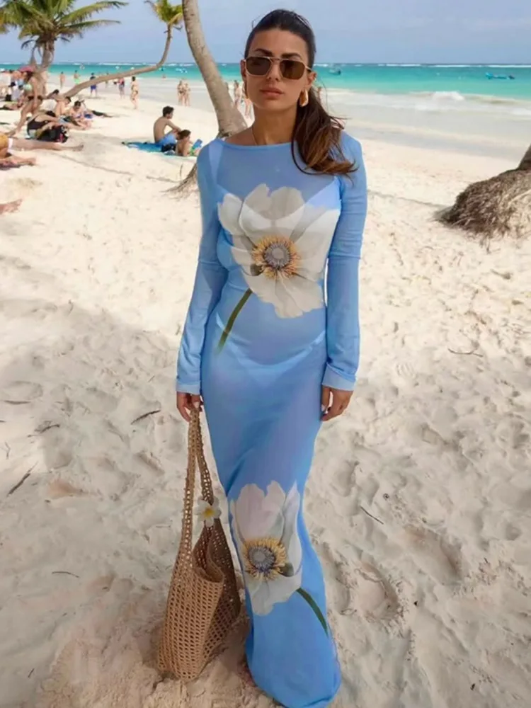 فستان ماكسي مثير بطباعة شبكية من Blifanbo للنساء بأكمام طويلة وظهر مكشوف فستان صيفي مثير للعطلات #2