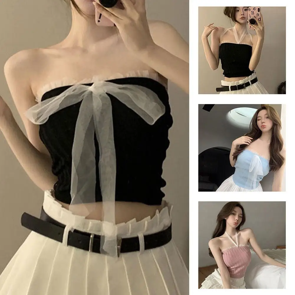 1Pc Summer Sexy Strapless Camisole Women Bow Lace Patchwork Sleeveless Slim Knitted Tank Top