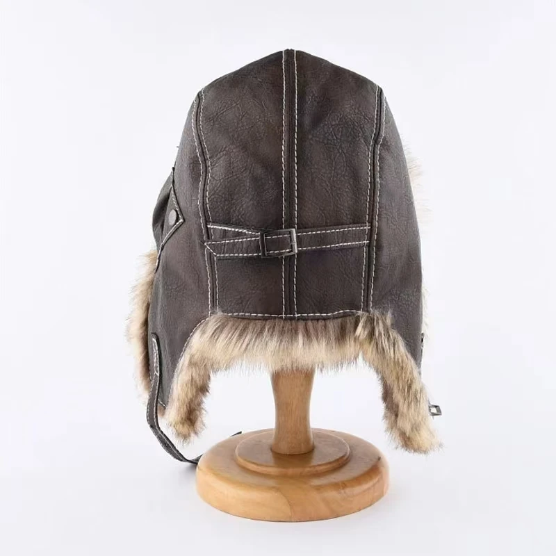 Vintage Maillard skórzana czapka pilotka damska zimowa zagęszczona ciepłe nauszniki rosja kapelusz duży rozmiar 62cm Northeast Bomber Hat unisex