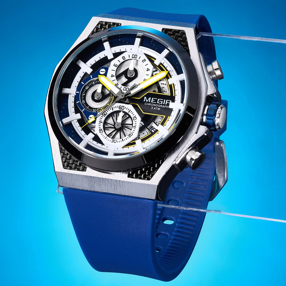 MEGIR Chronograph Watch for Men Luxury Silicone Strap Quartz Wristwatch Man Luminous Calendar Waterproof Male Watches