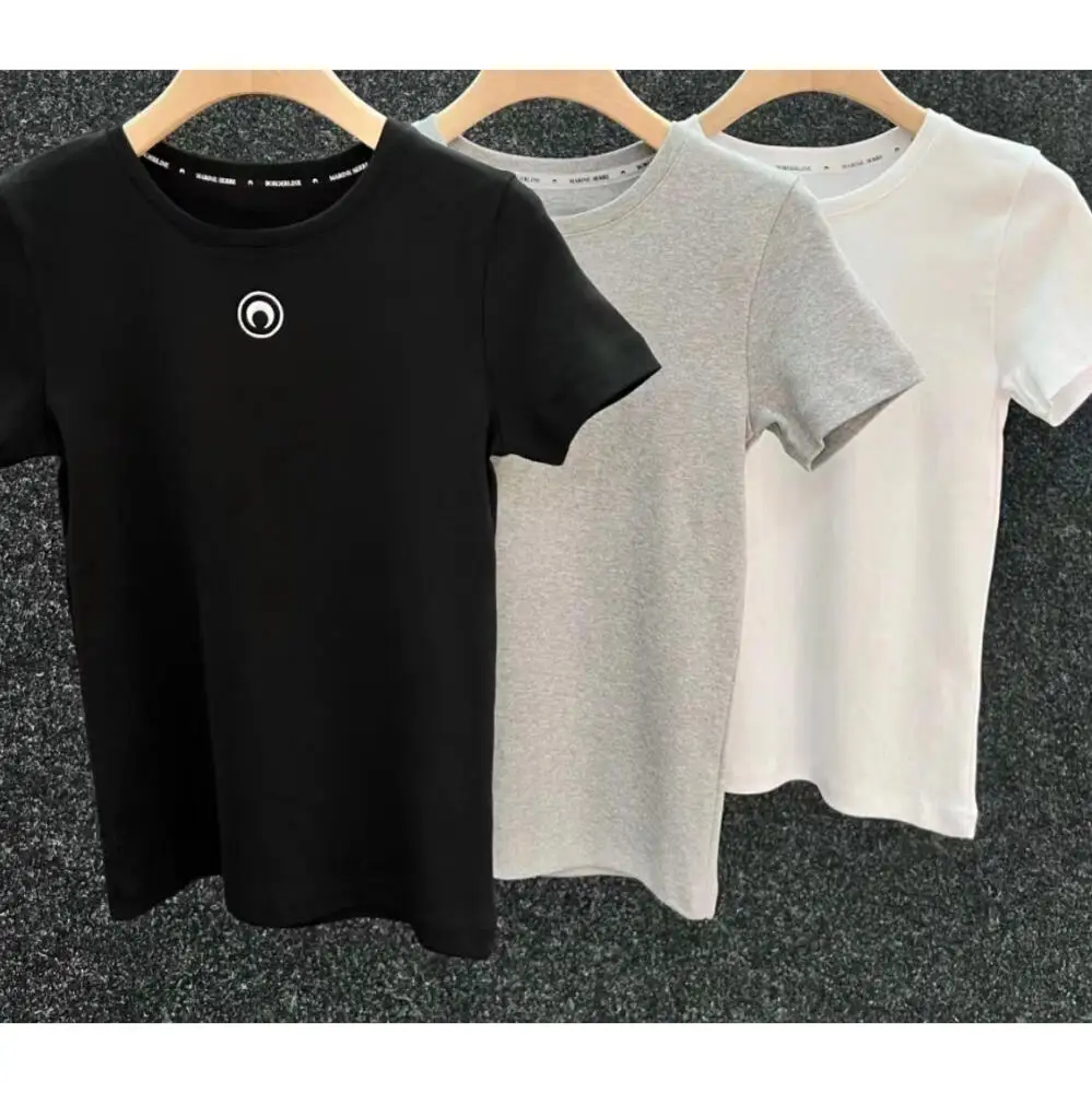 

Versatile Slim Fit Top Women Summer Fashion Classic Embroidered Moon Short Sleeve Casual Round Neck Solid Color T Shirt