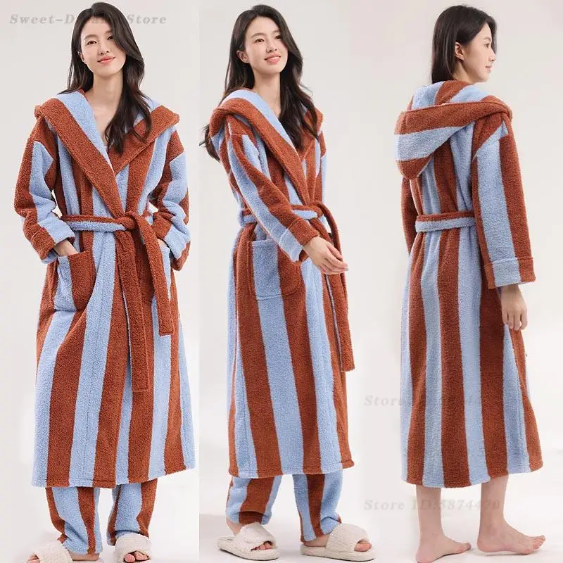 

Длинный халат в полоску с капюшоном, толстый халат из кораллового флиса, одежда для сна, зимняя теплая фланелевая ночная рубашка, брючный пижамный костюм, одежда для дома