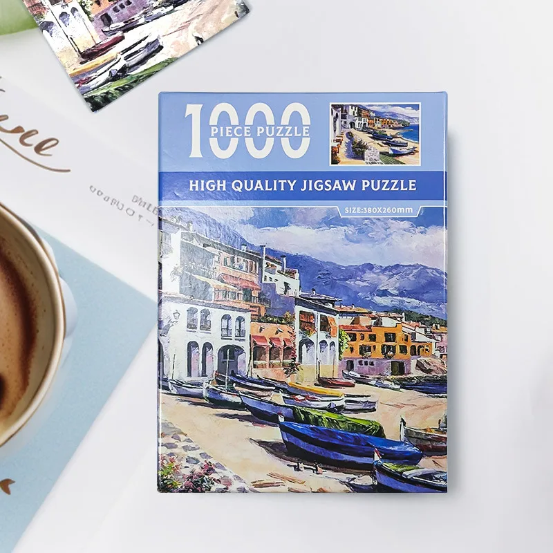 Micro 1000pcs Jigsaw Puzzle Oil Painting Coastal Village 38x26mm for Adults, Table Decoration, Relaxation, Souvenir Gifting