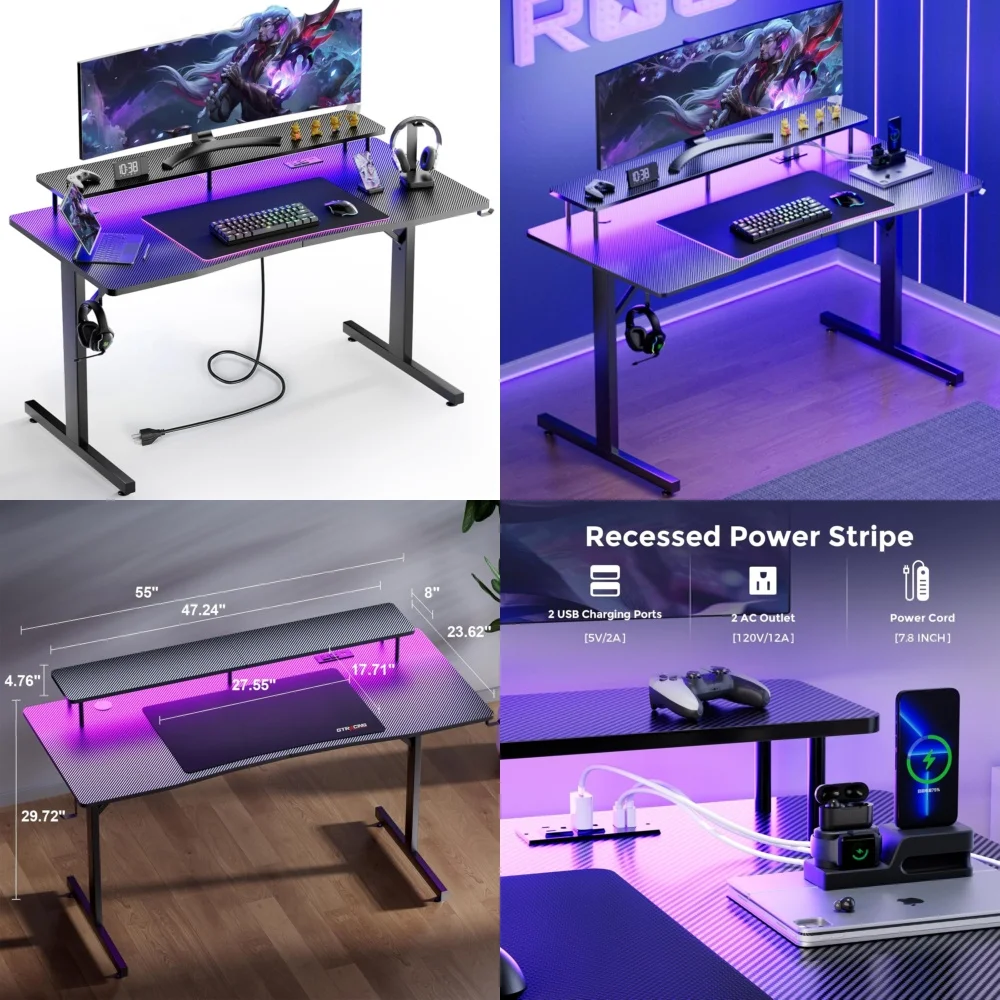 

Computer Desks55 Inch Gaming Desk with LED Lights and Power Outlet for Gamers