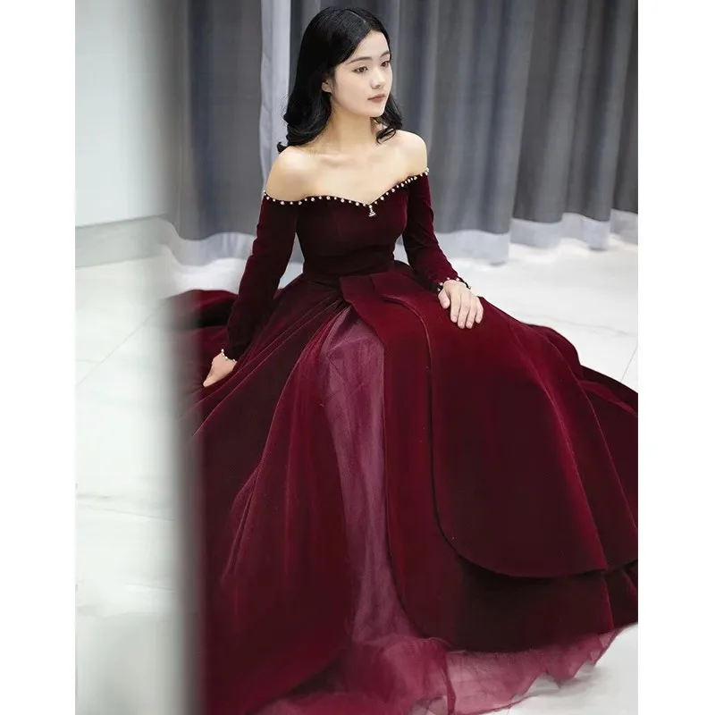 

A word shoulder toasting new wine red back long sleeve dress for women