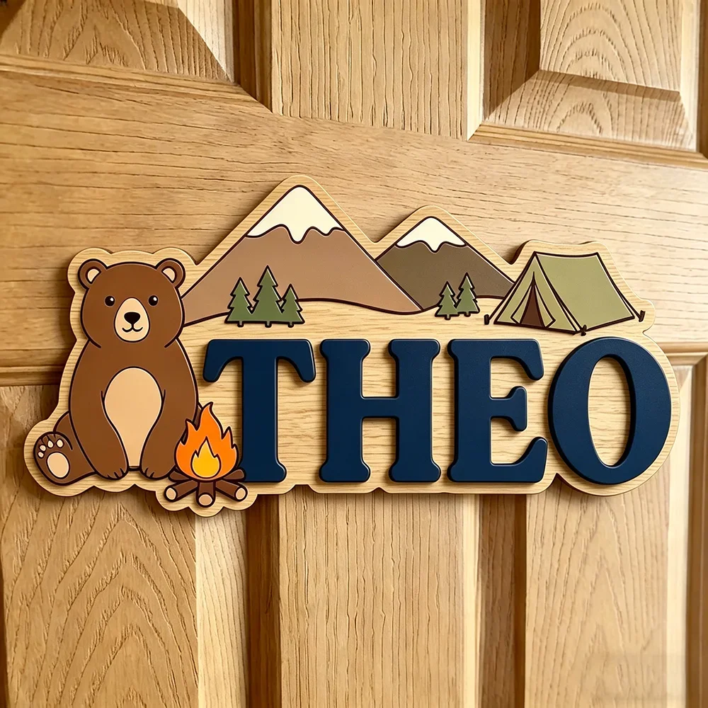 Personalized Woodland Bear Wooden Name Sign, 2 Layer 3D Raised Custom Name Plaque, Mountain Tent Forest Theme, Baby Wall Decor