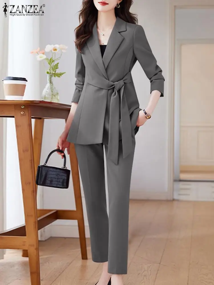 Imagem -02 - Zanzea-blazer de Manga Comprida e Calças para Mulheres Traje de Treino com Gola Lapela Calças Monocromáticas ol Cabolsas Casuais Moda Elegante Peças