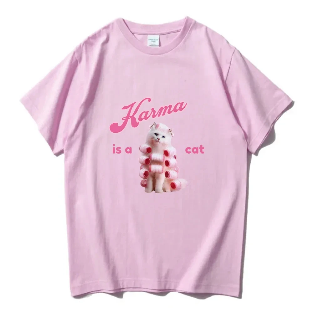 Karma Is A Cat T-shirts for Summer Cute Aesthetic Cotton Printing Tees Boys Girls Fashion Casual Top Cute Funny Harajuku Tee