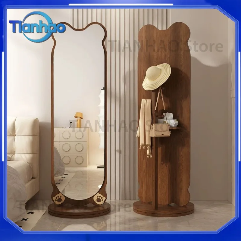 Rotating Floor Mirror with Storage Board for Bedroom Full Body Rotatable Cloakroom Fir Universal for Chinese Style Home Decor