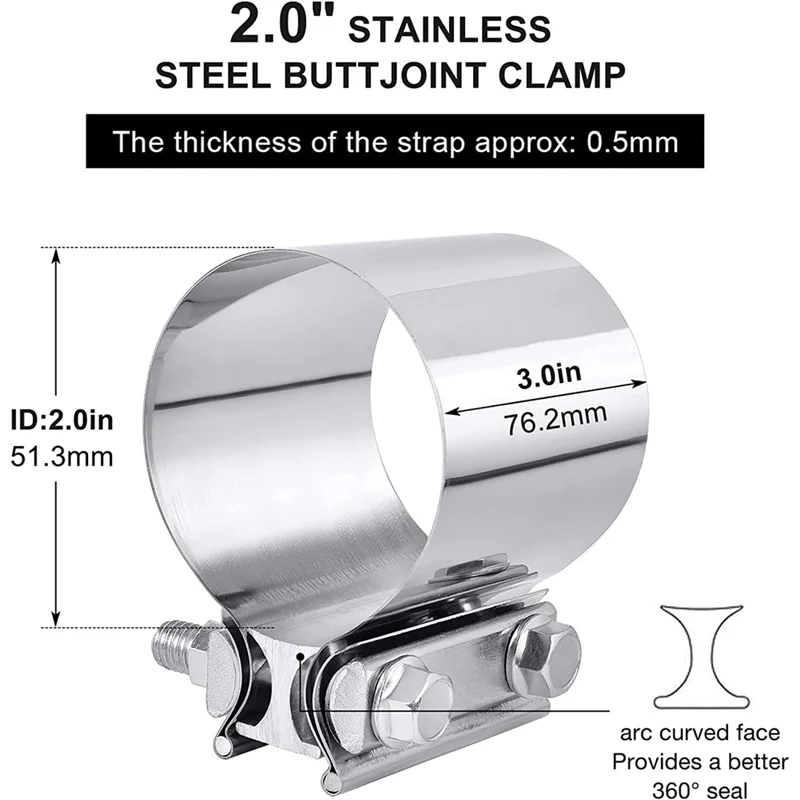 2 Inch Exhaust Clamp, 51mm Butt Joint Exhaust Pipe Muffler Band Clamp Sleeve Coupler Stainless Steel (2Pcs)