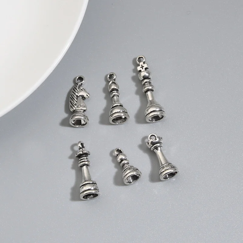 20pcs Silver Color Knight Bishop Pawn King Queen Rook Chess Charms Draughts Pendant Fit DIY Handmade Jewelry Finding Supplies