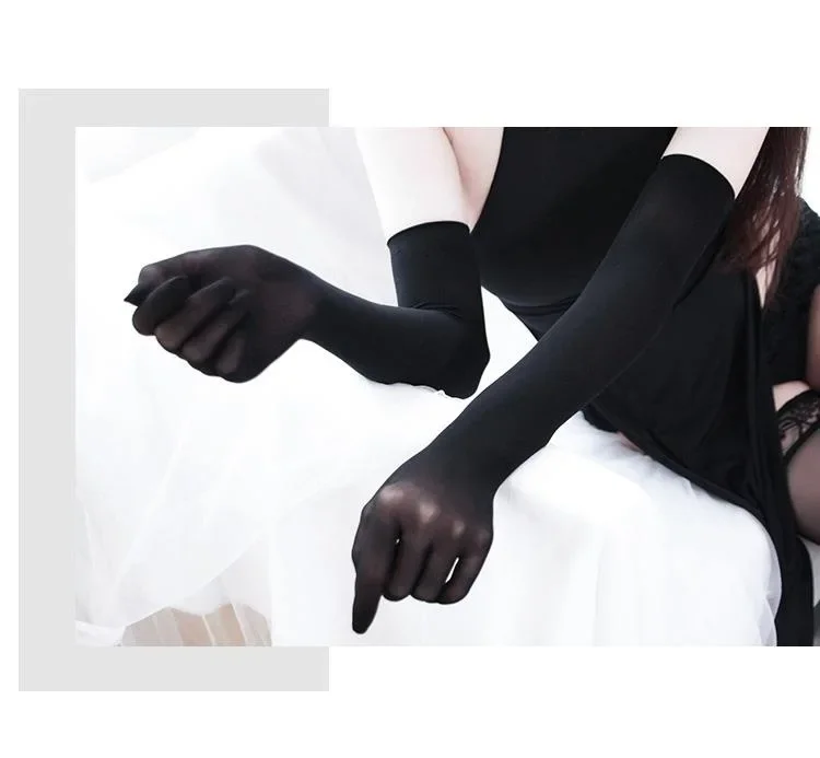 New Solid Color Long Tube Stockings Gloves Ultra-Thin Five Finger Seamless anti Hook Silk Long Transparent Etiquette Gloves Suns