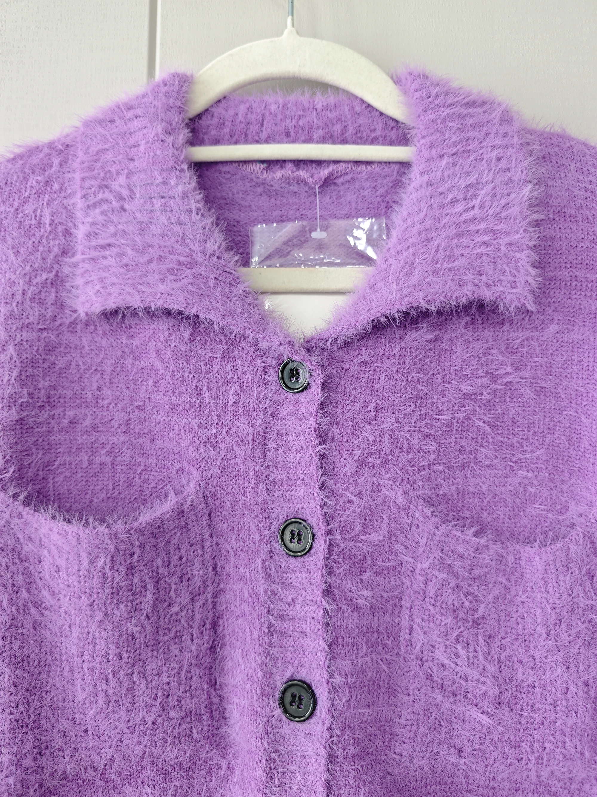 สีม่วงถักเสื้อกันหนาวนุ่มขนาดเล็กลมหอมหนาเสื้อกันหนาวผู้หญิงใหม่ Single Breasted Turn-down Collar ออกแบบกระเป๋าด้านบน