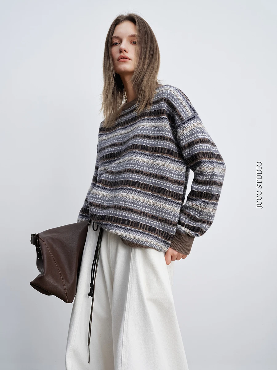 Suéter de Punto JCCC adow Amber Geometry Bicolor 100% Lana, Abrigo Largo de Punto Redondo, Abrigo de Longitud Media, Cálido y Elegante para Mujer...