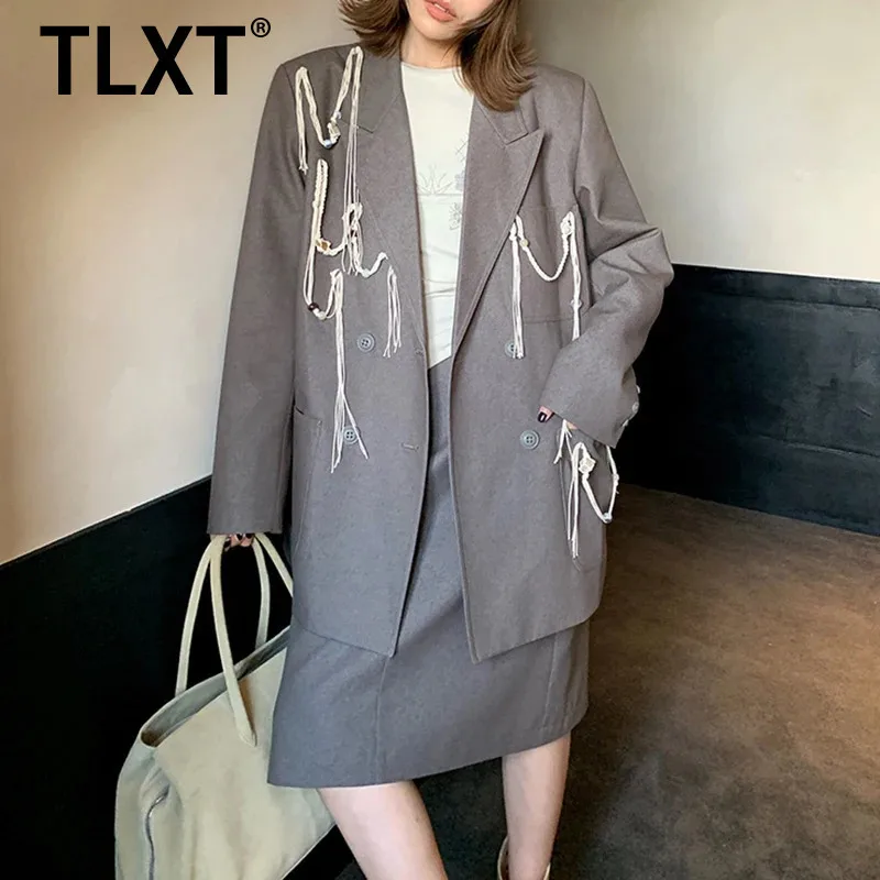 

TLXT модные женские элитные пиджаки с кисточками, двубортные топы средней длины с длинными рукавами, женские осенние новинки 202, XK1689