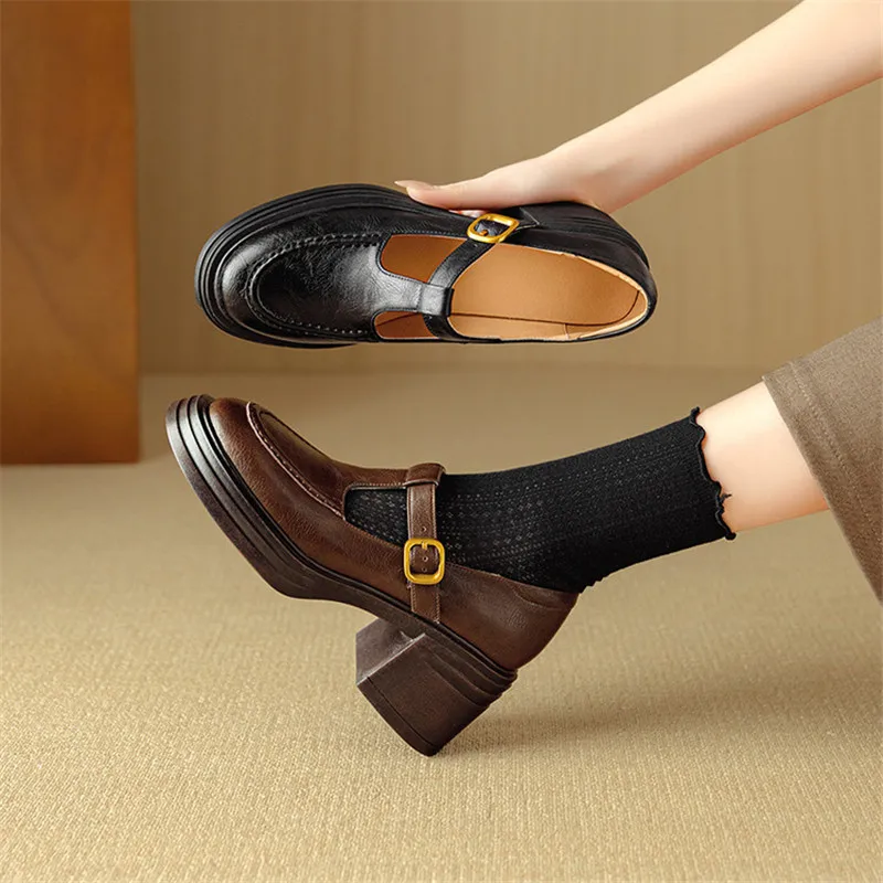 

New Spring/summer Split Leather Women Shoes Round Toe Shoes for Women Fashion Retro Mary Janes Shoes Platform High Heels Female