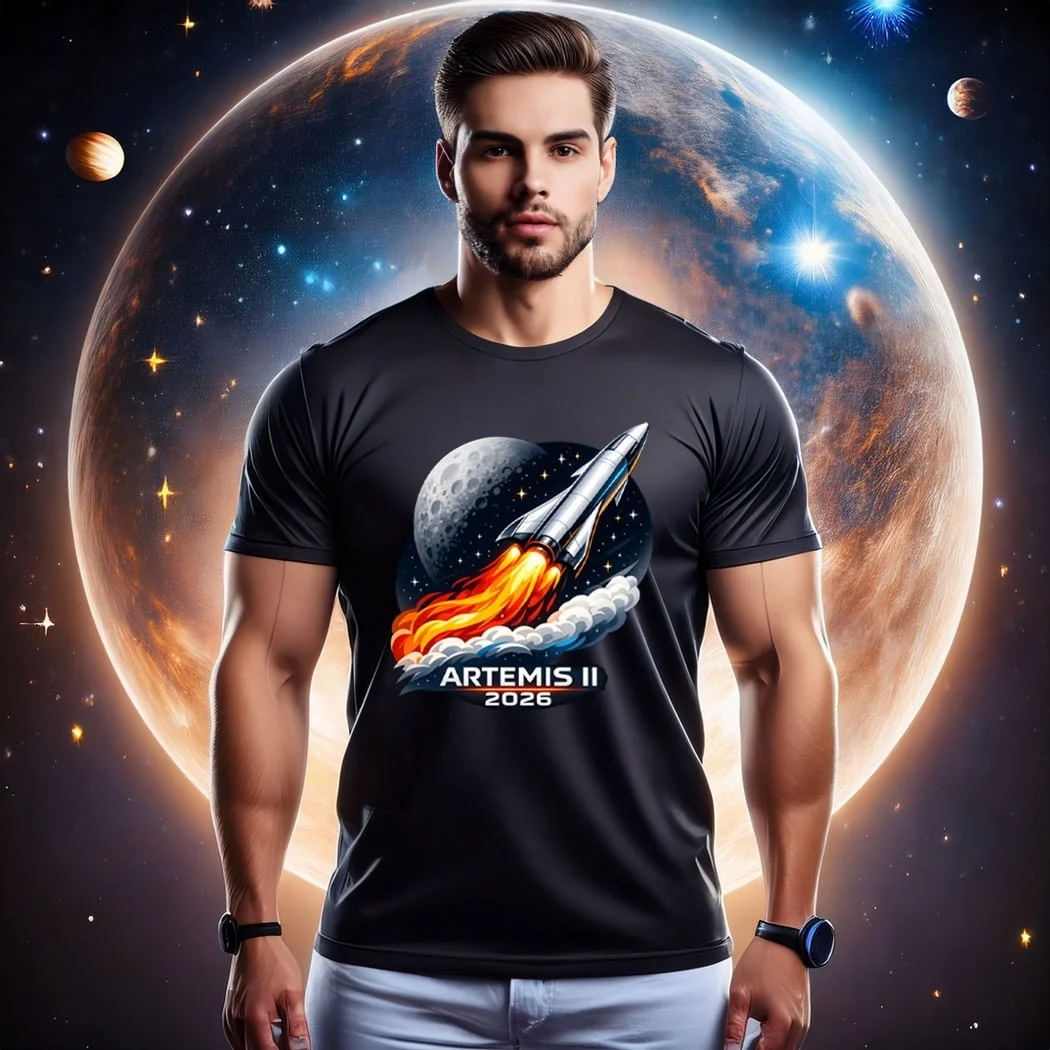 Camiseta Artemis II 2026 de la misión espacial de la NASA para hombres y mujeres, camiseta negra informal de manga corta con estampado de cohete y luna, de secado rápido