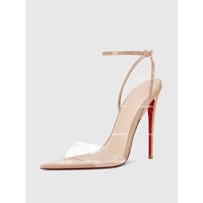 

2025 new sexy high heels in nude color, pointed toe, open toe, straight buckle strap, slim heel sandals, women's fashion shoes