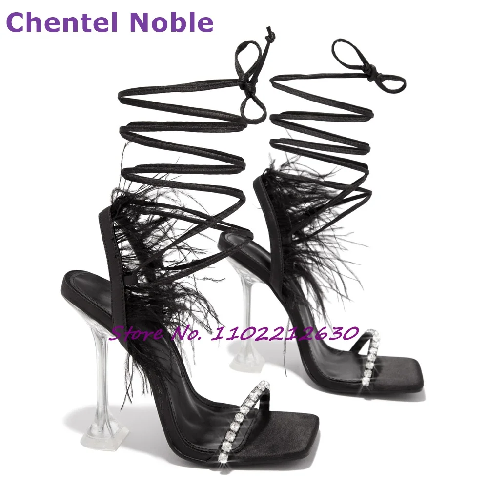 

Rhinestone Feather Sandals Square Toe Transparent High Heels Ankle Strap Stilettos Summer Fashion Sexy Women Shoes Party Shoes