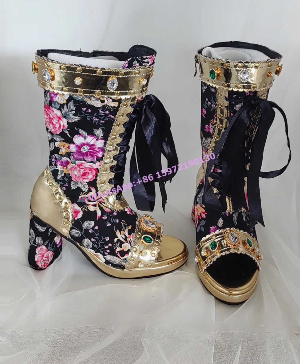 Rhinestone Flower Court Style Boots Peep Toe Lace Up Luxury Square Heels Sandals Lace Runway Sexy Hollow Crystal Party Shoes