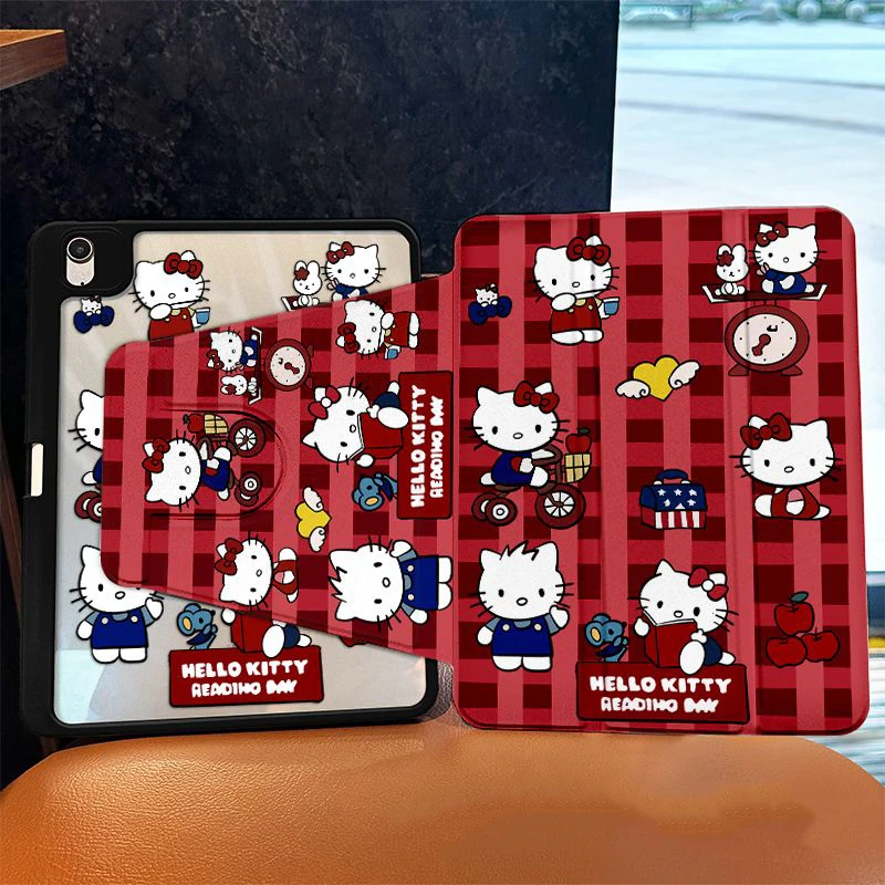 Sanrio Hello Kitty Ipad Protective Case Model 2024 Tri-Fold Swivel Sticker Soft Case Air6/5/4 Rotating Acrylic Protective Case