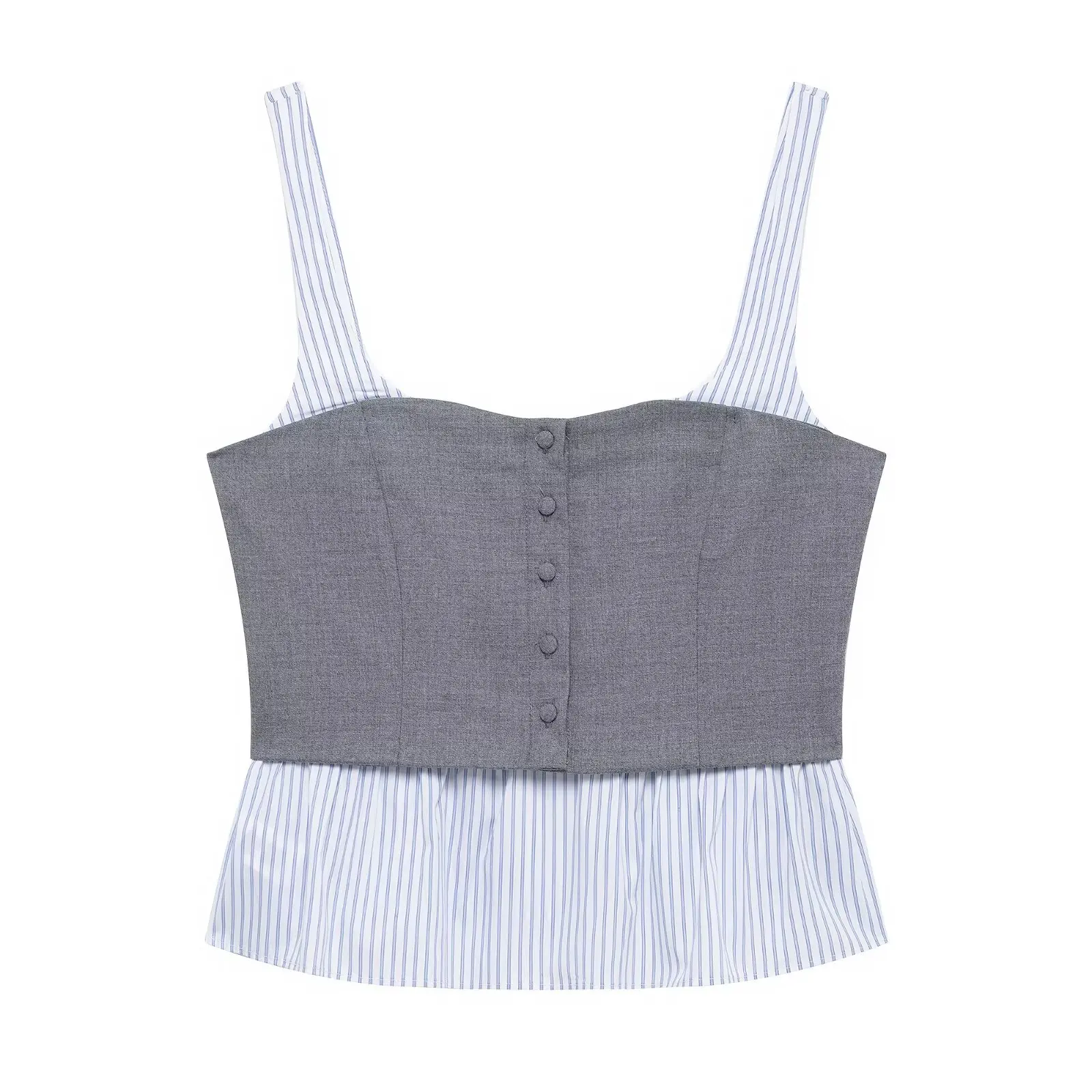 여성 포플린 스트라이프 스티칭 라운드넥 스트랩 탑, 핀스트라이프, 분위기 있는 패션, 미드 웨이스트 미니 스커트, 2025 RARA 용수철 신상