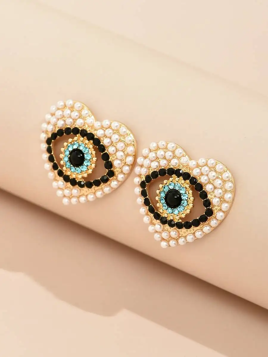 

Heart Shape Evil Eye Rhinestone Pearl Stud Earrings For Women