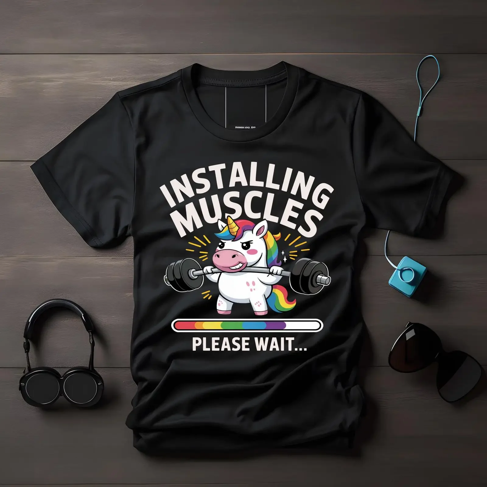 Unicorn Fitness T Shirt Funny Workout Gym Humor Installing Muscles Cute Strength Training vintage Washed streetwear fashion
