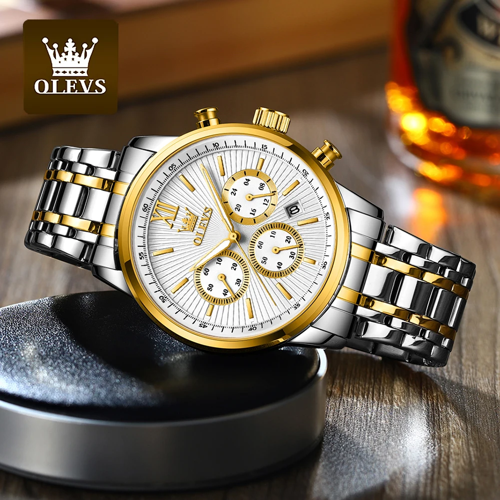 OLEVS TY709 Men\'s Watches Classics Three Small Dial Waterproof Stainless Steel Luminous Fashion Original Quartz Watch for Man