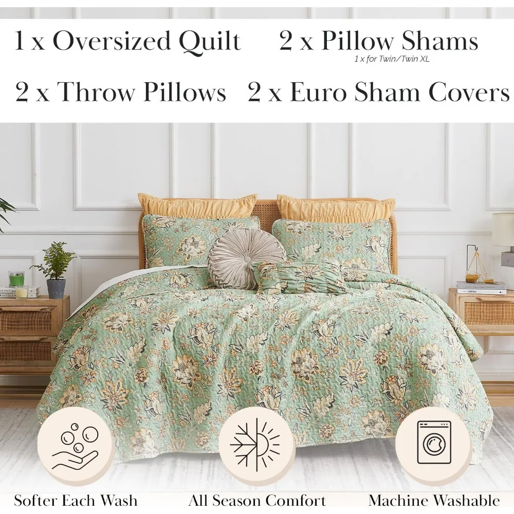 5-Piece Oversized Twin Quilt Set with Pillow Shams and Throw Pillows for Comfortable Living