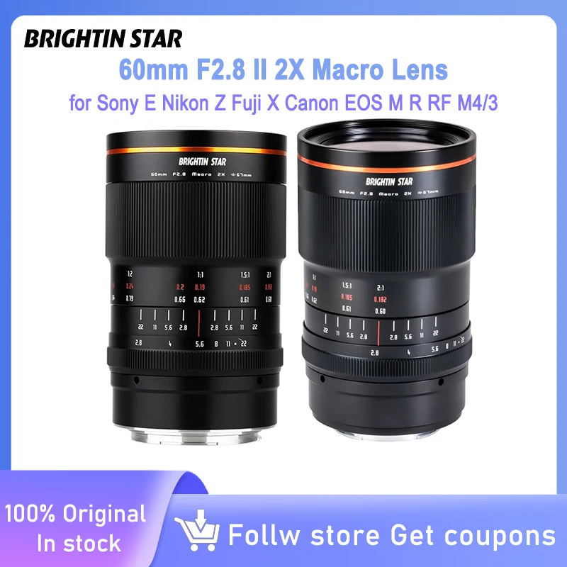Brightin Star 60mm F2.8 II 2X Obiettivo macro Ingrandimento Obiettivo per fotocamera con messa a fuoco manuale per Sony E Nikon Z Fuji X Canon EOS MR RF M4/3