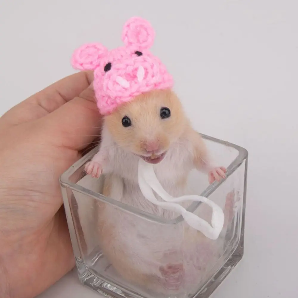 

Portable Cartoon Hamster Hat Handmade Soft Pet Knitted Hat Adjustable Small Pet Caps Photograph
