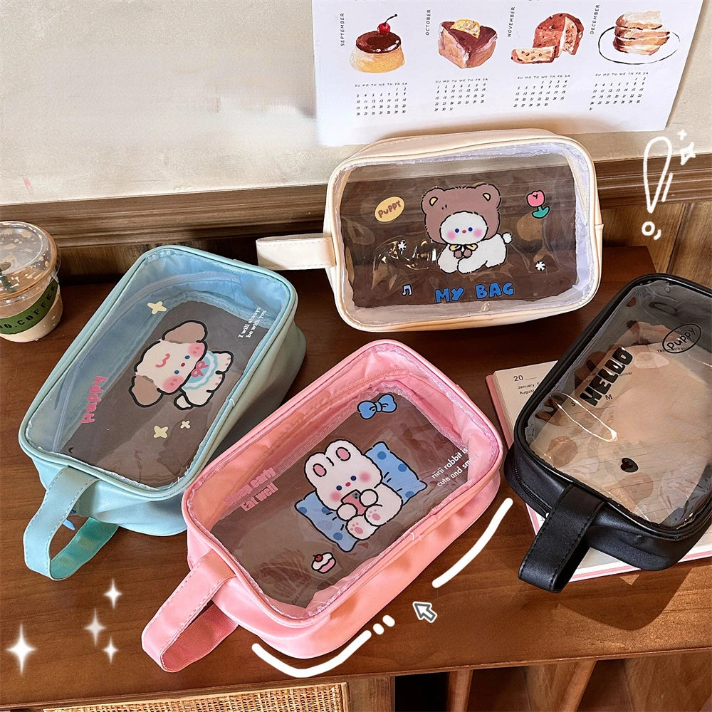 S/L Cute Cartoon Transparent PVC Waterproof Pencil Case Storage Bags Student Stationery School Supplies Tote Bag Make Up Bag New