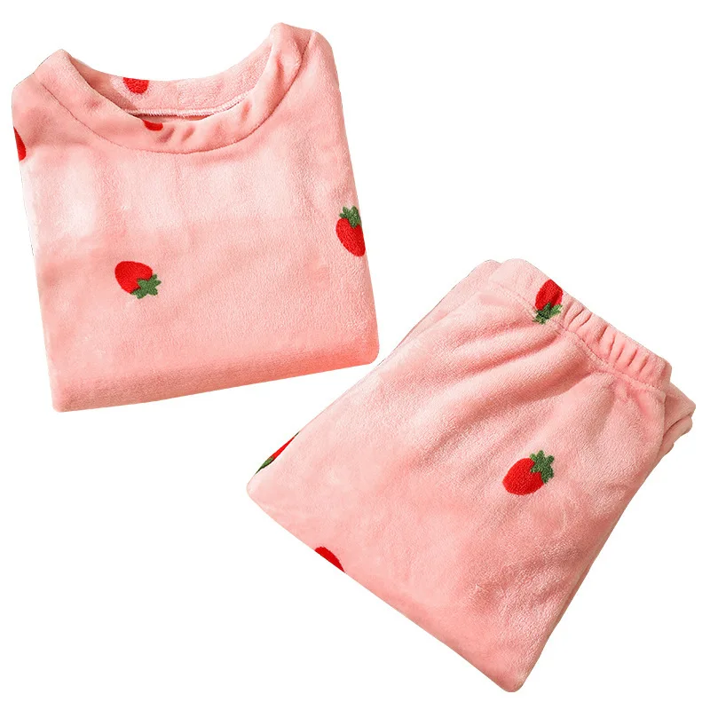 2pcs/Set Women\'s Coral Velvet Strawberry Padded Thickened Ambient Pajamas Fall And Winter Warm Home Wear Student Pajamas Girls C