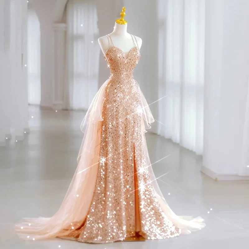 

Elegant Champagne Vestidos De Festa Longo Sexy Spaghetti Strap Backless Evening Dresses Shiny Sequins Party Dress With Train