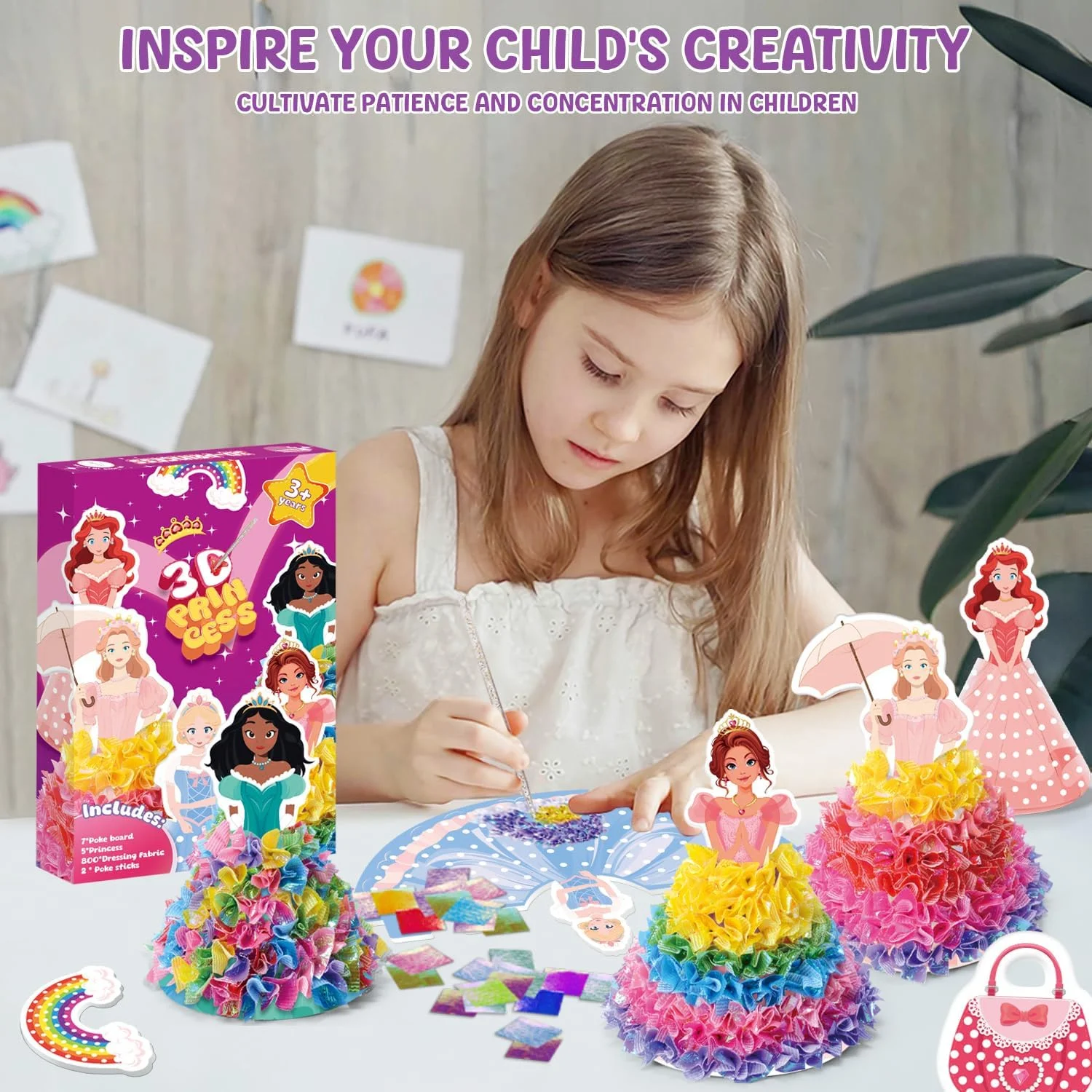 3D Princess Poke Art Craft Kit, 800Pcs Fabric Pieces DIY Poking Toy, Kids Educational Handmade Art Set Girls Birthday Gift