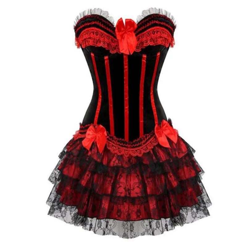 Sexy Corset Dress Red Strip Corset and Lace Mini Short Skirt Straps with Cup Lingerie Showgirl Dance Dress Plus Size S-2XL