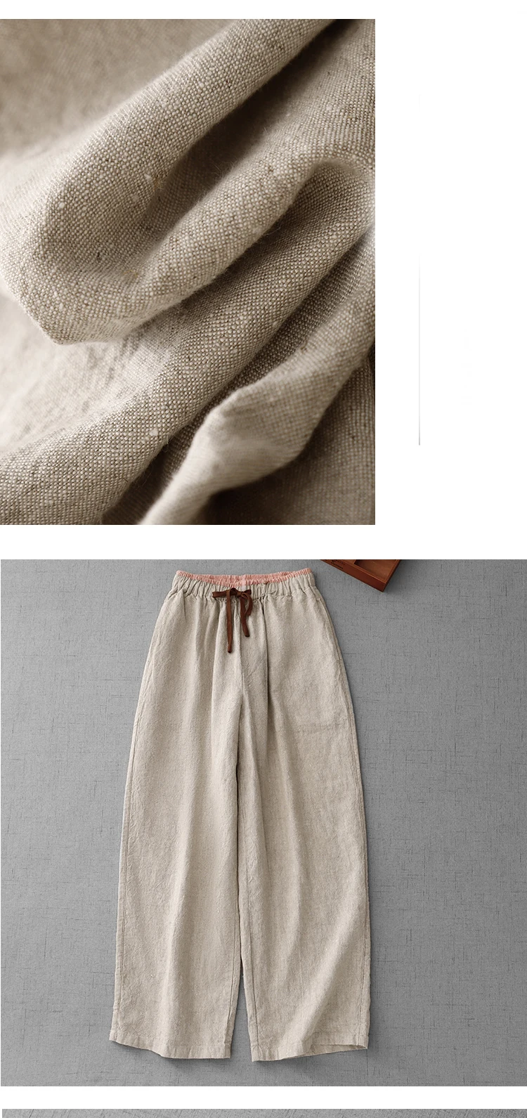 Cotton and Linen Color Blocking High-Waisted Wide-Legged Pants Female Summer New Korean Version of the Loose Temperament Casual