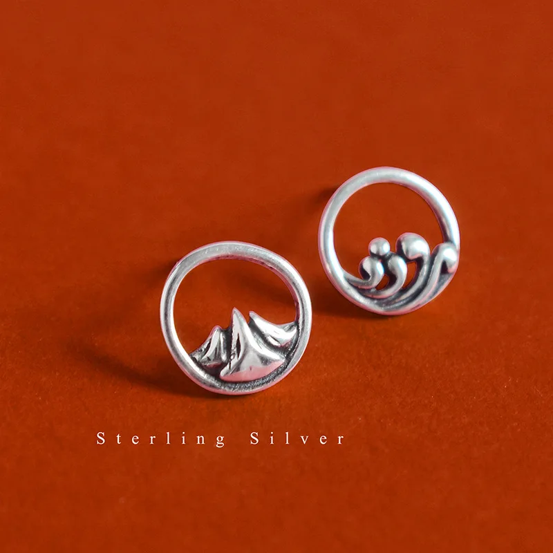 Vintage S925 Silver Ear Studs, Unique Unisex Earrings, Ocean Sworn Earrings for Couples