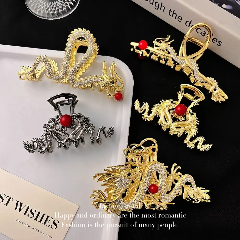 Red Zodiac Dragon Hair Claw Cartoon Hairpin Animal Hair Clip New Year Headwear Chinese Style Rhinestone Shark Clip Girl