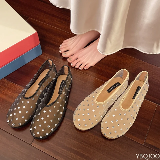 2025 Diamond Mary Jane Shoes Women's 2025 Summer New Mesh Flats Shallow Mouth Versatile Ballet Shoes Fashion Plus Size Sandals