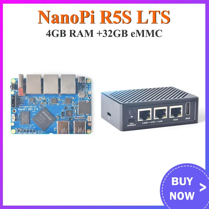 

NanoPi R5S LTS 4GB RAM 32GB eMMC Rockchip RK3568B2 Quad-Cortex-A55 CPU 2.0GHz,2x PCIe 2.5Gbps Ethernet,OpenWRT